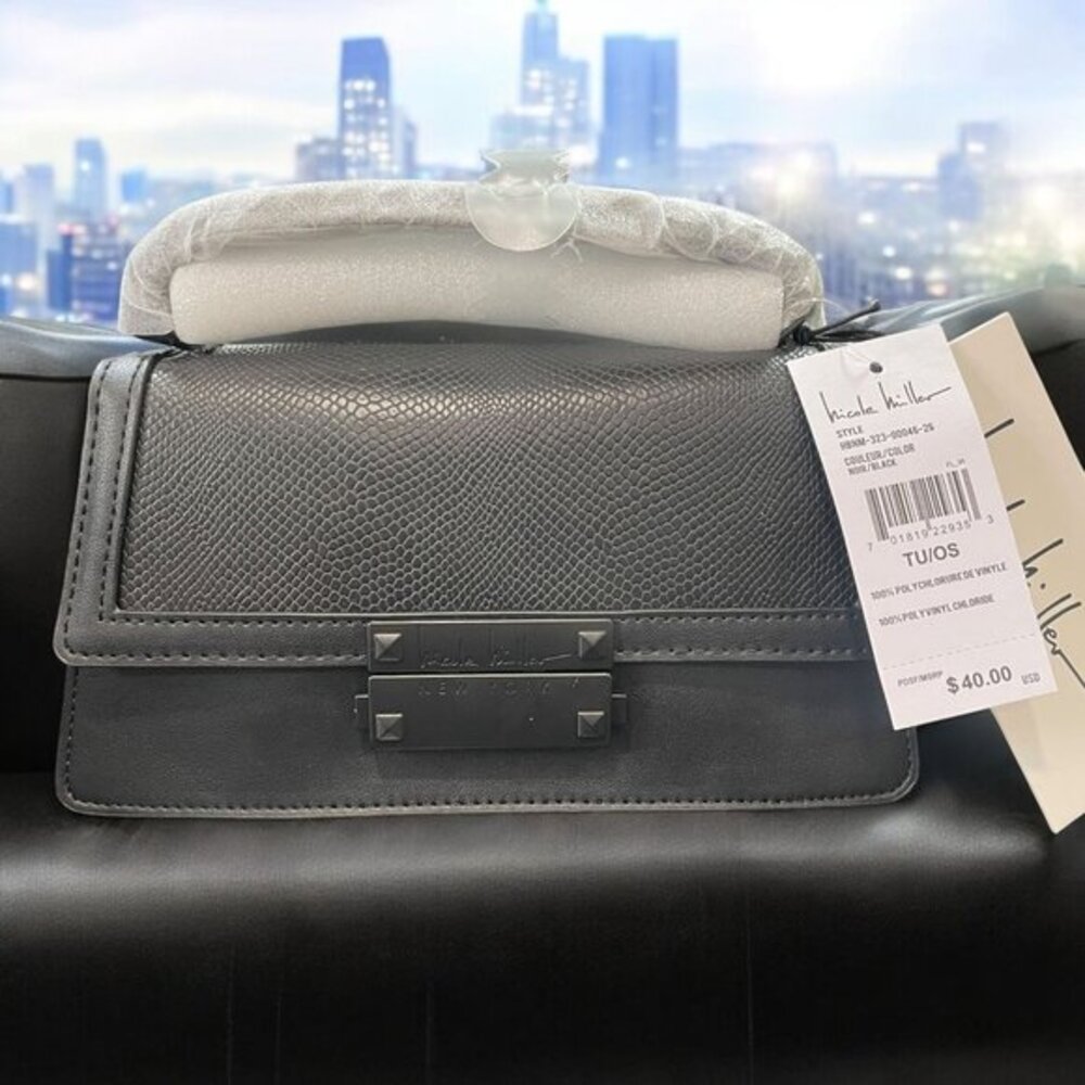 Nicole Miller Black Crossbody Bag Faux Snakeskin Pattern &‎ Magnetic Closure